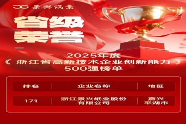 省级荣誉+1！888集团电子游戏纸业上榜浙江省高新企业创新能力500强